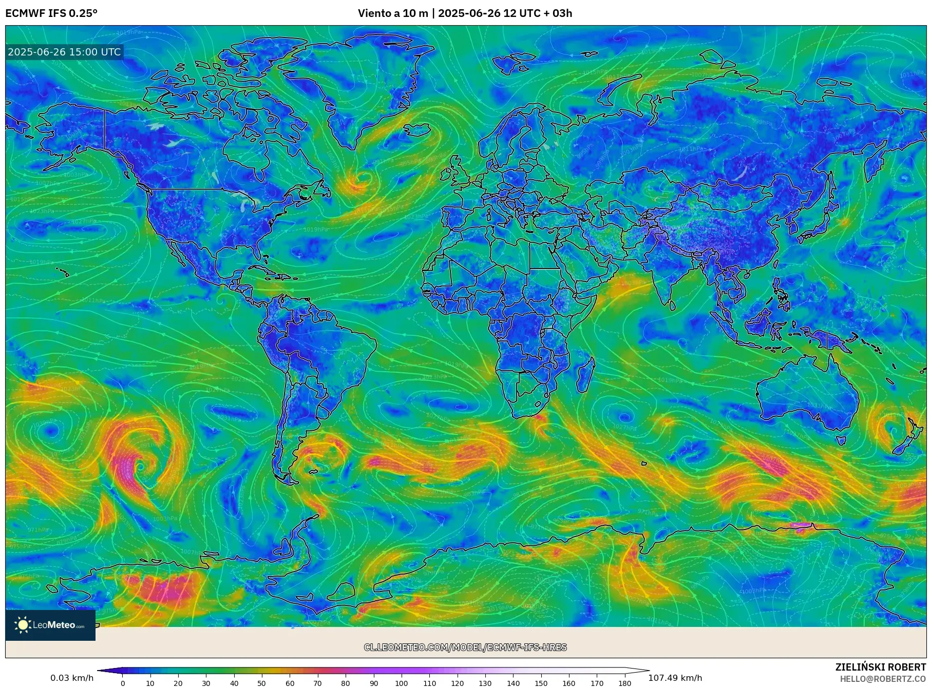 ECMWF IFS 0.25° model - Mundo, Viento a 10 m ECMWF IFS 0.25° model - Mundo, Viento a 10 m