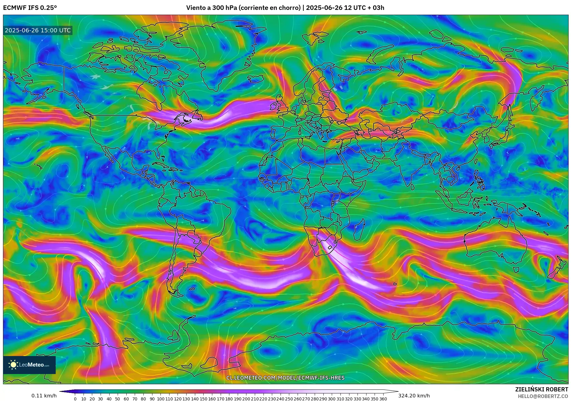 ECMWF IFS 0.25° model - Mundo, Viento a 300 hPa (corriente en chorro) ECMWF IFS 0.25° model - Mundo, Viento a 300 hPa (corriente en chorro)