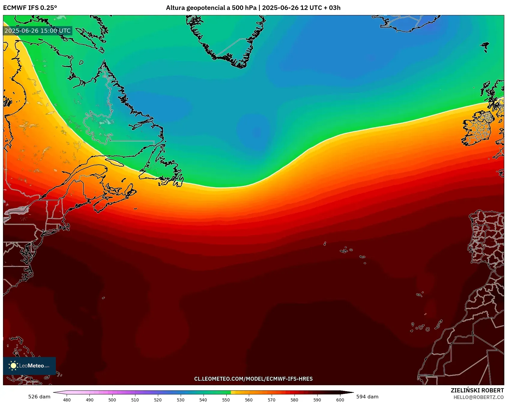 ECMWF IFS 0.25° model - Norte Atlántico, Altura geopotencial a 500 hPa ECMWF IFS 0.25° model - Norte Atlántico, Altura geopotencial a 500 hPa