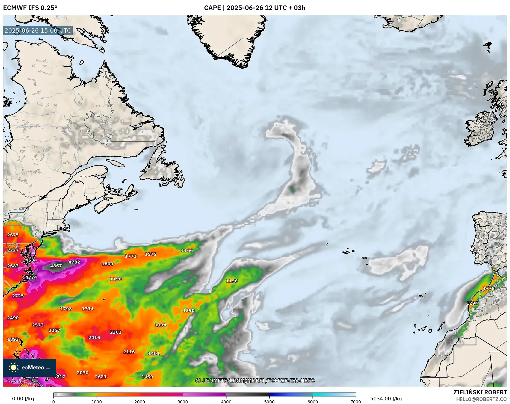 ECMWF IFS 0.25° model - Norte Atlántico, CAPE ECMWF IFS 0.25° model - Norte Atlántico, CAPE