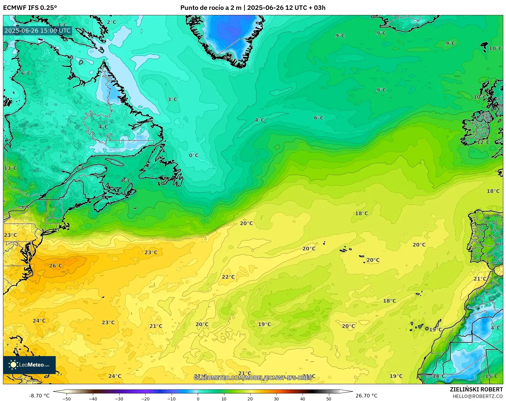 ECMWF IFS 0.25° model - Norte Atlántico, Punto de rocío a 2 m ECMWF IFS 0.25° model - Norte Atlántico, Punto de rocío a 2 m