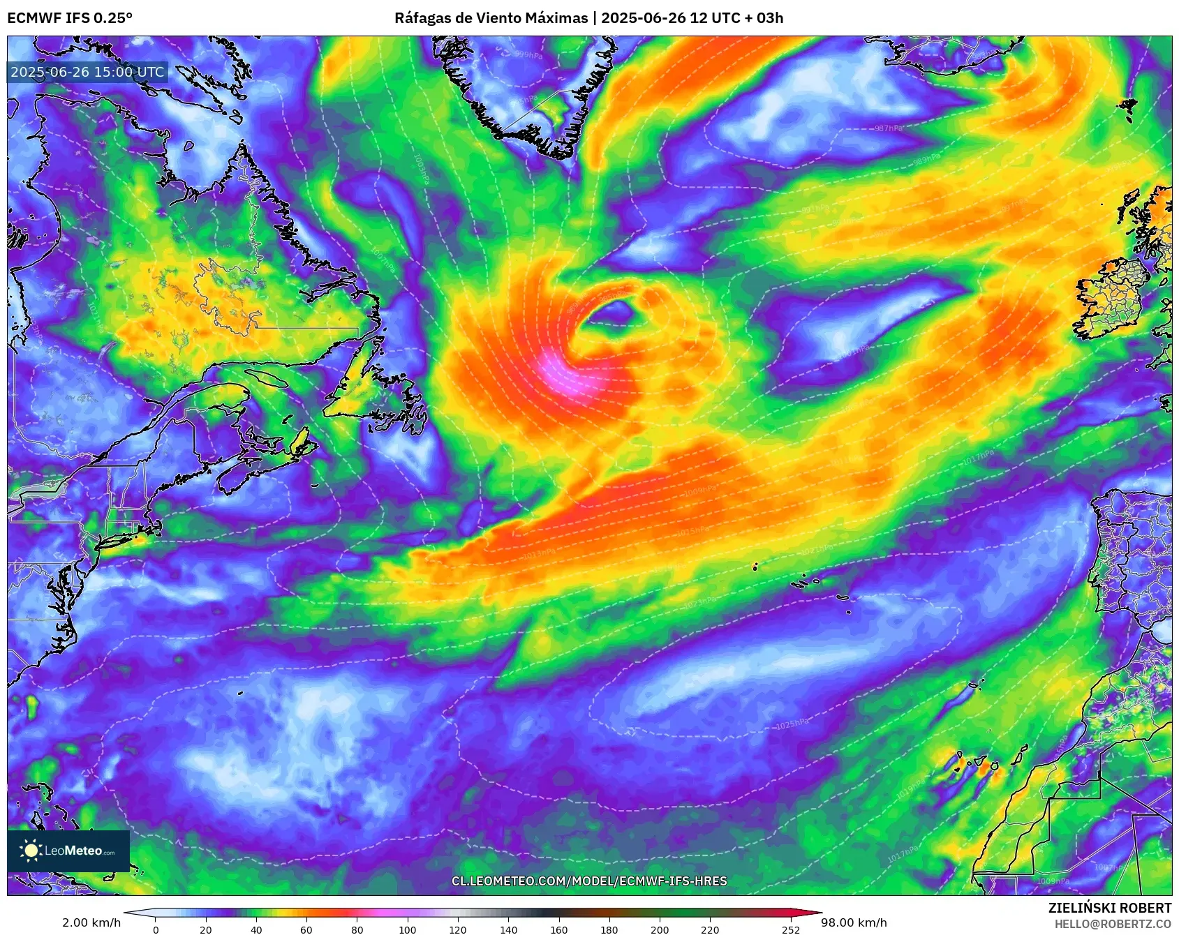 ECMWF IFS 0.25° model - Norte Atlántico, Ráfagas de Viento Máximas ECMWF IFS 0.25° model - Norte Atlántico, Ráfagas de Viento Máximas