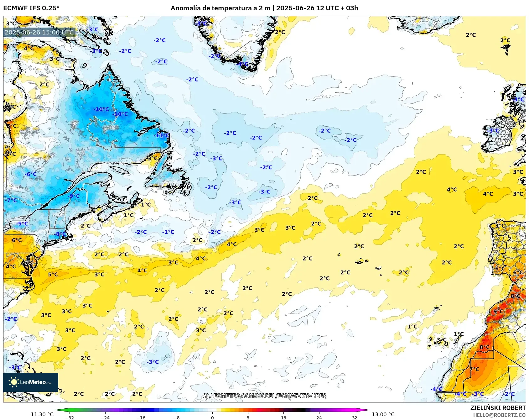 ECMWF IFS 0.25° model - Norte Atlántico, Anomalía de temperatura a 2 m ECMWF IFS 0.25° model - Norte Atlántico, Anomalía de temperatura a 2 m