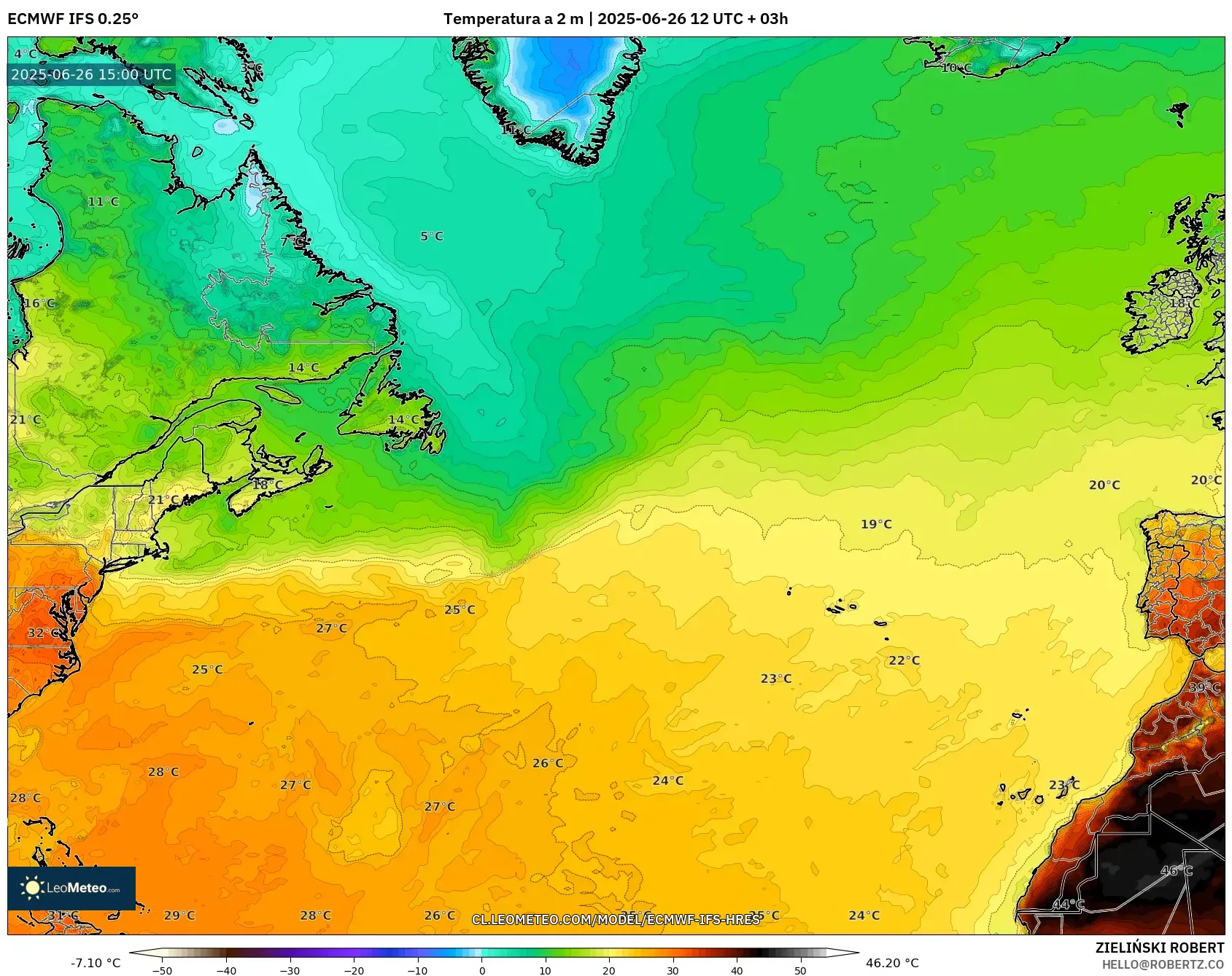 ECMWF IFS 0.25° model - Norte Atlántico, Temperatura a 2 m ECMWF IFS 0.25° model - Norte Atlántico, Temperatura a 2 m