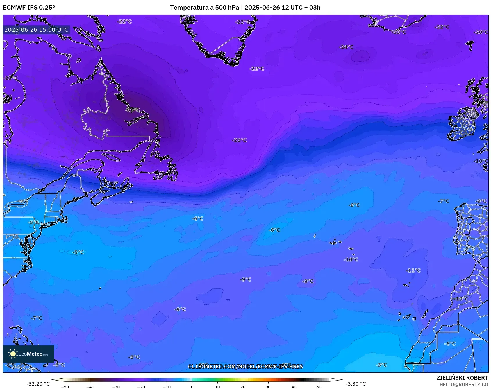 ECMWF IFS 0.25° model - Norte Atlántico, Temperatura a 500 hPa ECMWF IFS 0.25° model - Norte Atlántico, Temperatura a 500 hPa