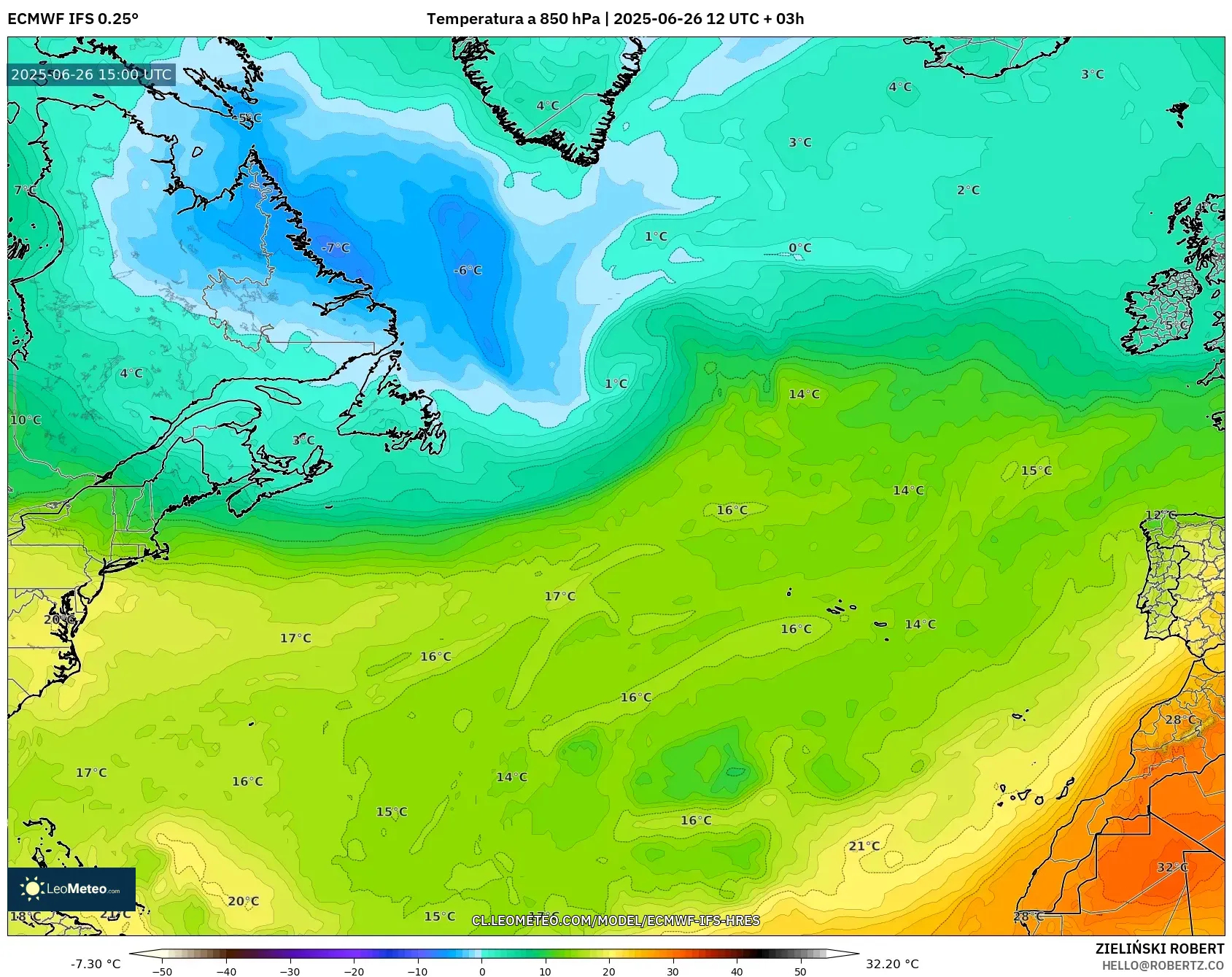 ECMWF IFS 0.25° model - Norte Atlántico, Temperatura a 850 hPa ECMWF IFS 0.25° model - Norte Atlántico, Temperatura a 850 hPa