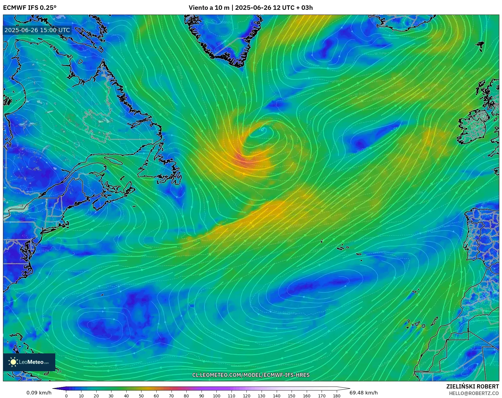 ECMWF IFS 0.25° model - Norte Atlántico, Viento a 10 m ECMWF IFS 0.25° model - Norte Atlántico, Viento a 10 m