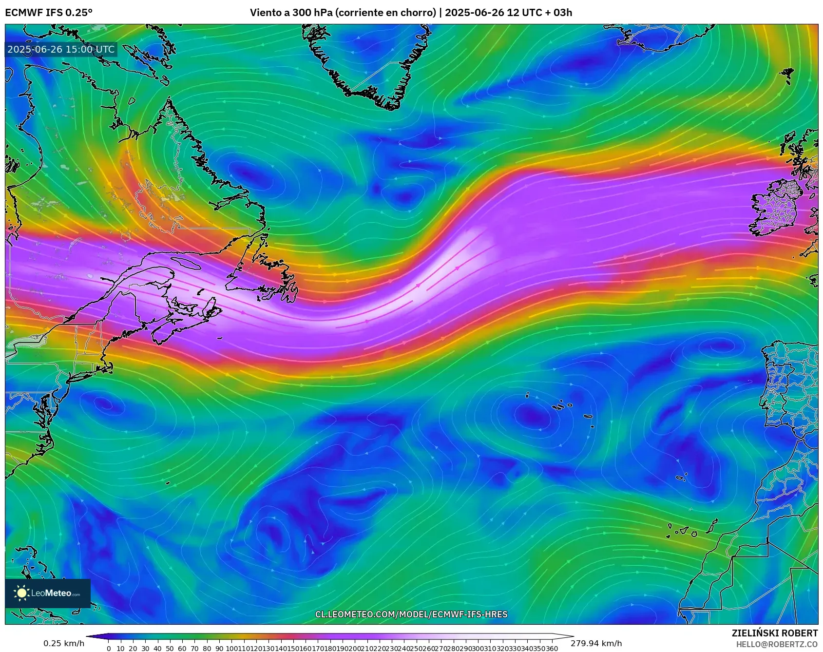 ECMWF IFS 0.25° model - Norte Atlántico, Viento a 300 hPa (corriente en chorro) ECMWF IFS 0.25° model - Norte Atlántico, Viento a 300 hPa (corriente en chorro)