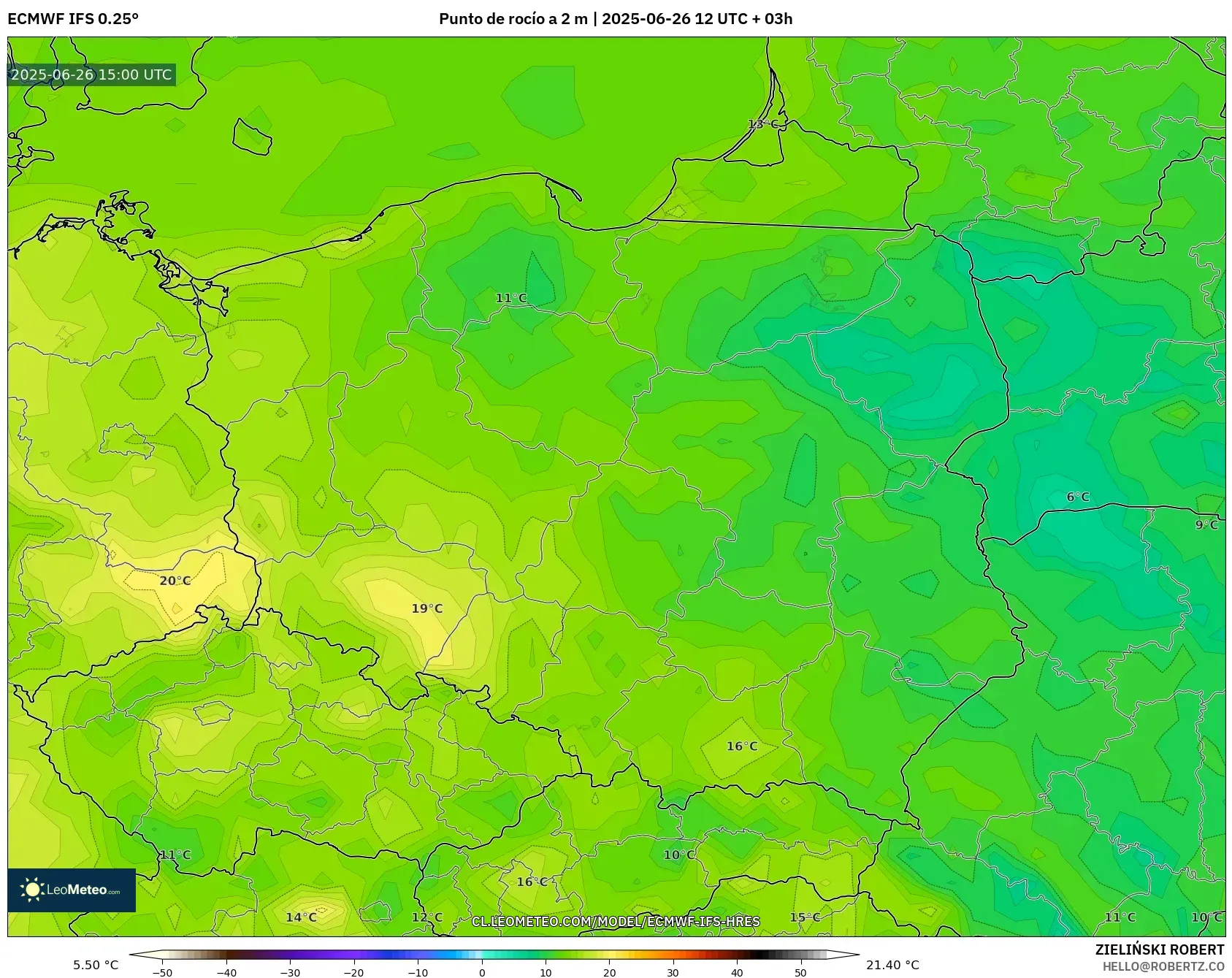 ECMWF IFS 0.25° model - Polonia, Punto de rocío a 2 m ECMWF IFS 0.25° model - Polonia, Punto de rocío a 2 m