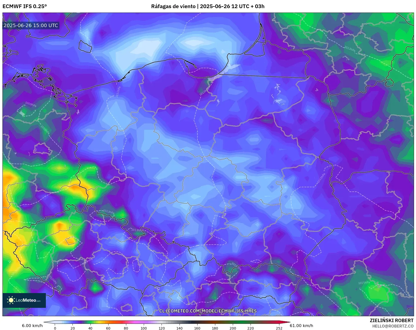 ECMWF IFS 0.25° model - Polonia, Ráfagas de viento ECMWF IFS 0.25° model - Polonia, Ráfagas de viento