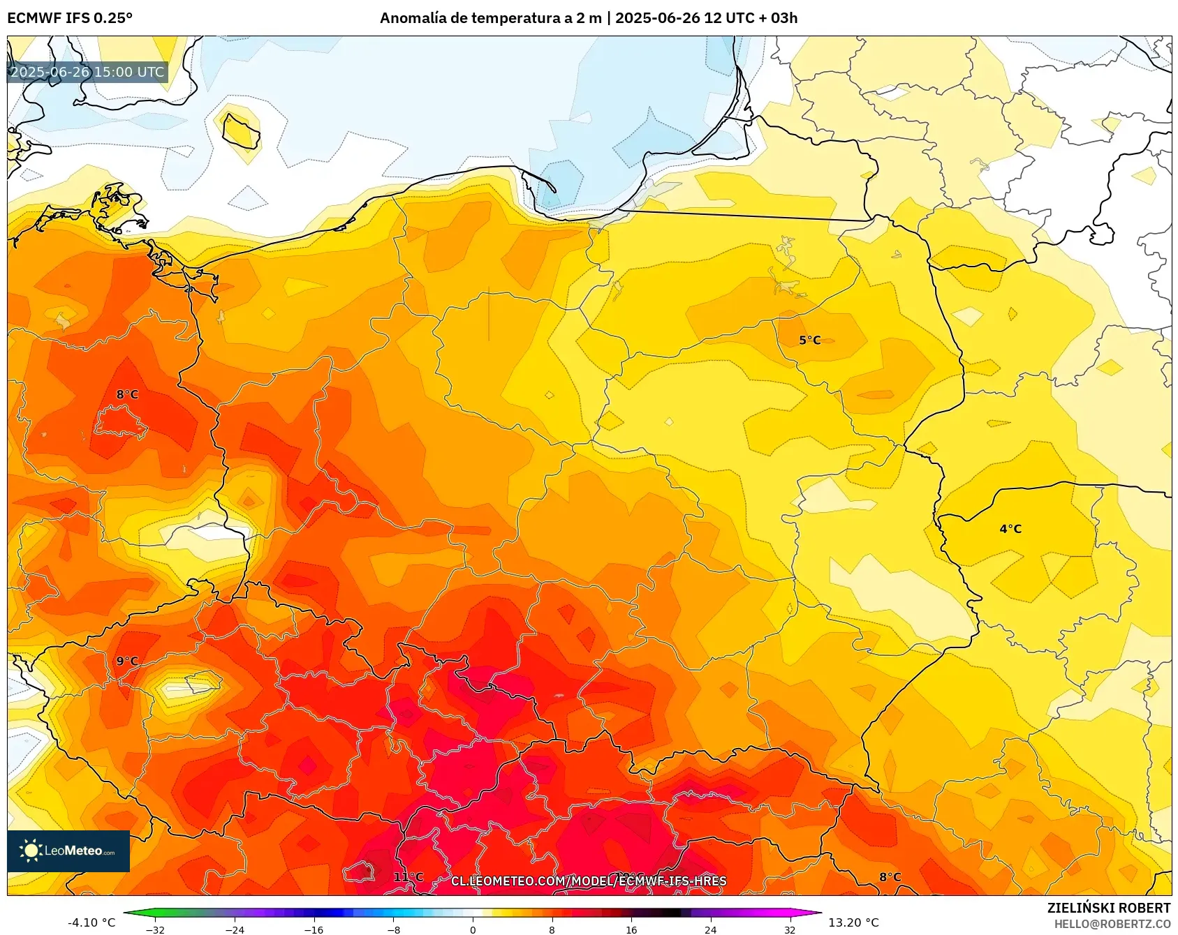 ECMWF IFS 0.25° model - Polonia, Anomalía de temperatura a 2 m ECMWF IFS 0.25° model - Polonia, Anomalía de temperatura a 2 m