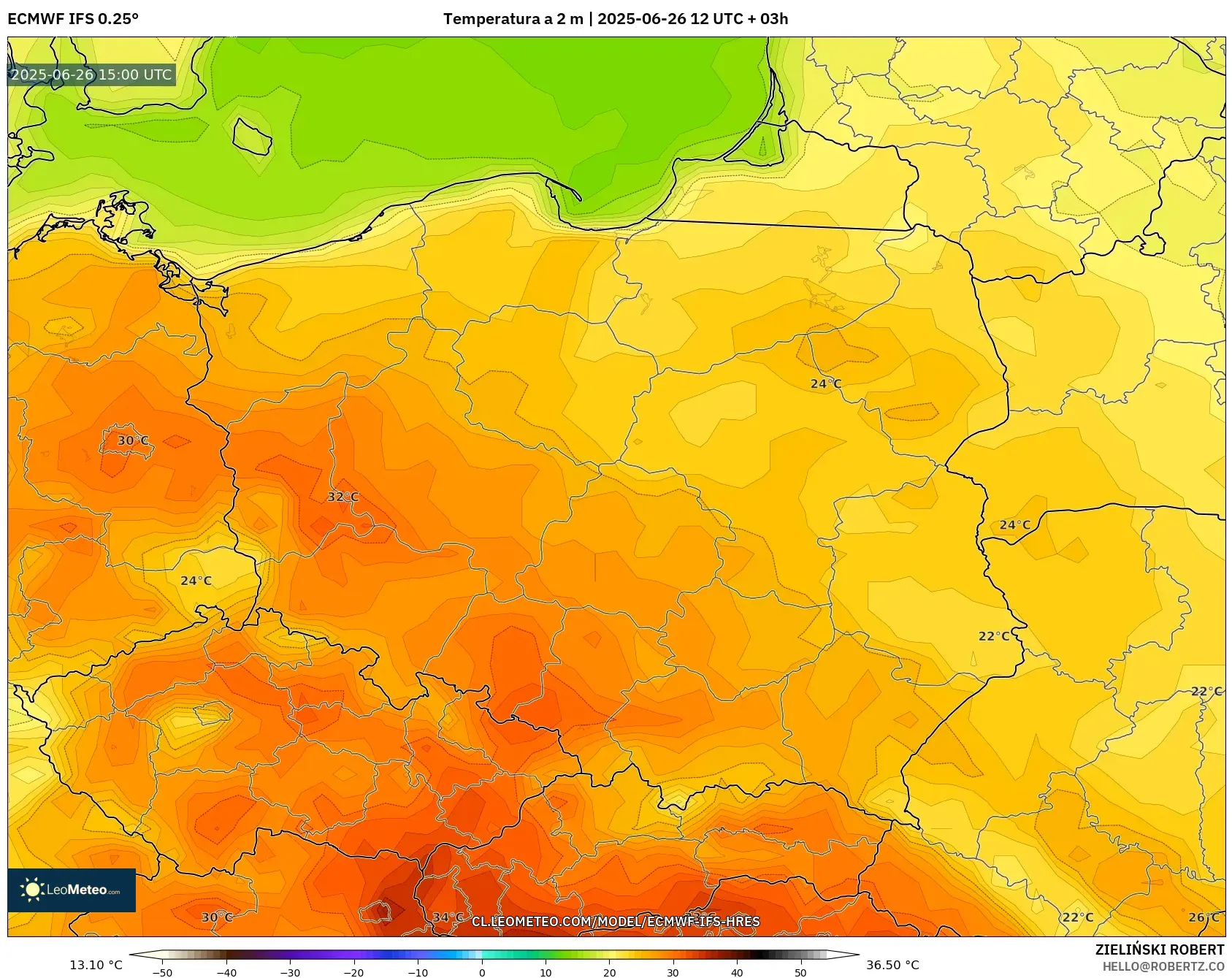 ECMWF IFS 0.25° model - Polonia, Temperatura a 2 m ECMWF IFS 0.25° model - Polonia, Temperatura a 2 m