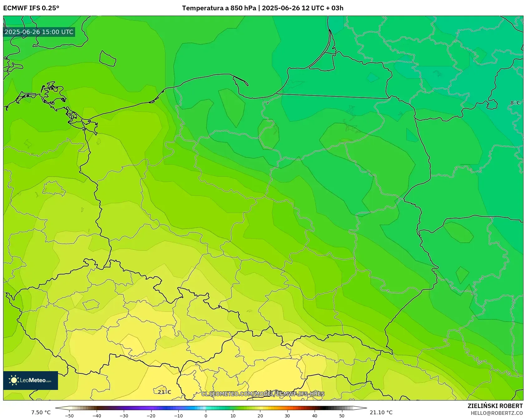 ECMWF IFS 0.25° model - Polonia, Temperatura a 850 hPa ECMWF IFS 0.25° model - Polonia, Temperatura a 850 hPa