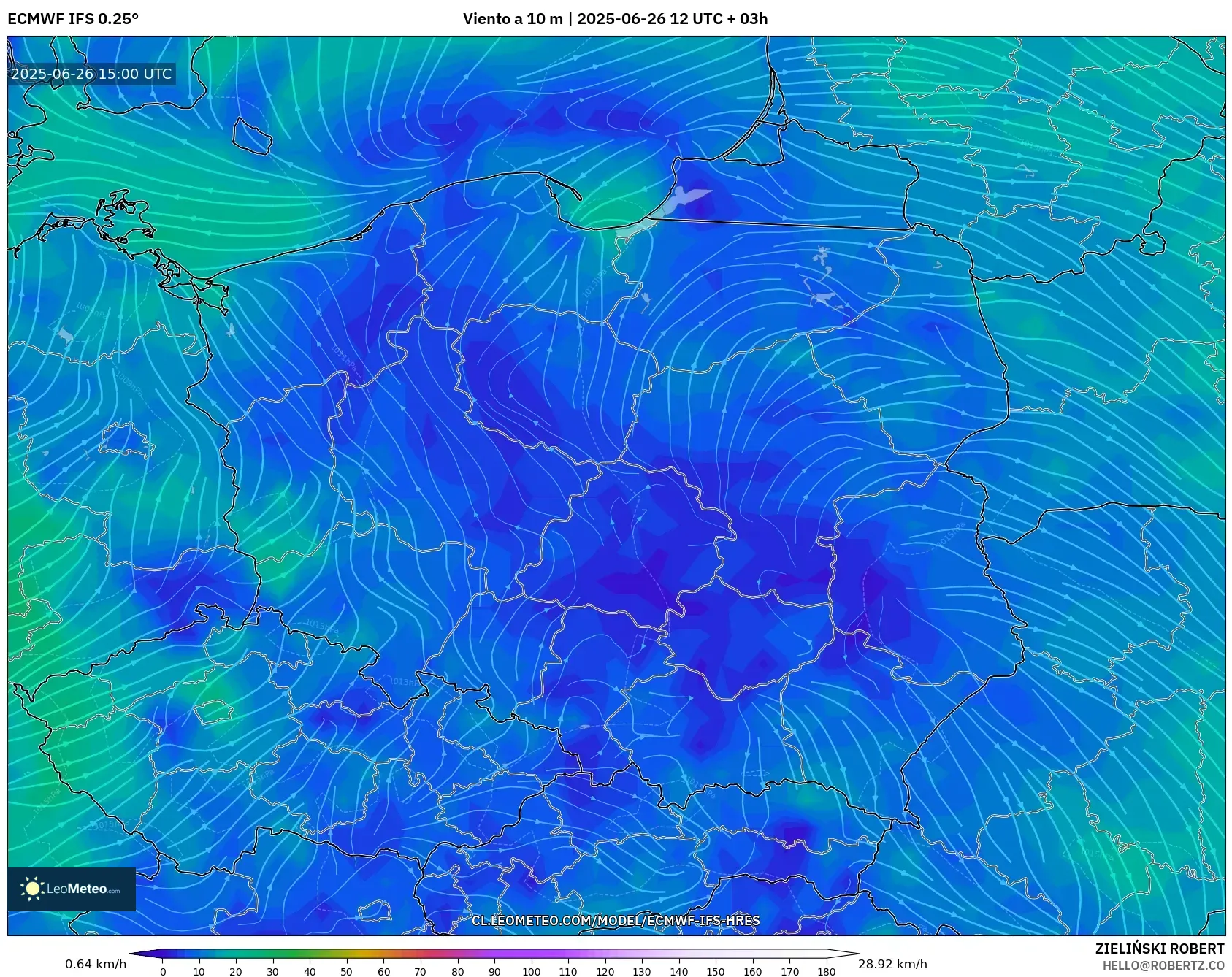 ECMWF IFS 0.25° model - Polonia, Viento a 10 m ECMWF IFS 0.25° model - Polonia, Viento a 10 m