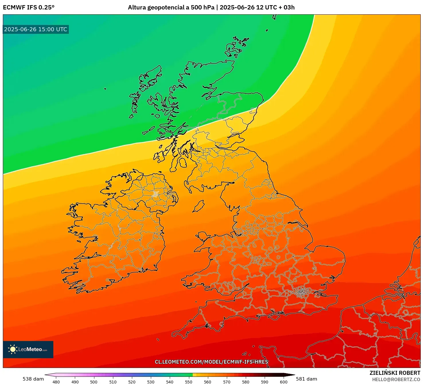 ECMWF IFS 0.25° model - Reino Unido, Altura geopotencial a 500 hPa ECMWF IFS 0.25° model - Reino Unido, Altura geopotencial a 500 hPa