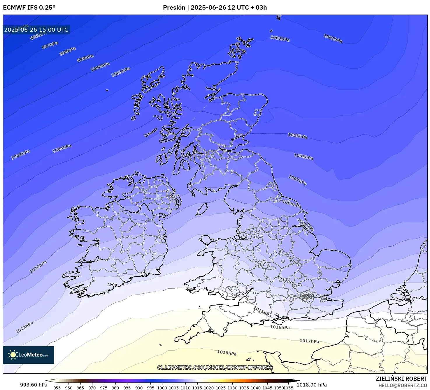 ECMWF IFS 0.25° model - Reino Unido, Presión ECMWF IFS 0.25° model - Reino Unido, Presión