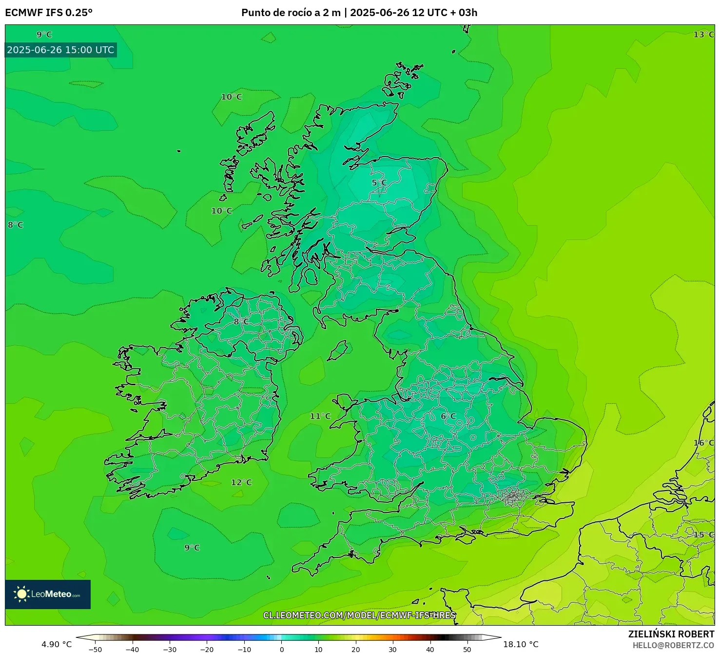 ECMWF IFS 0.25° model - Reino Unido, Punto de rocío a 2 m ECMWF IFS 0.25° model - Reino Unido, Punto de rocío a 2 m