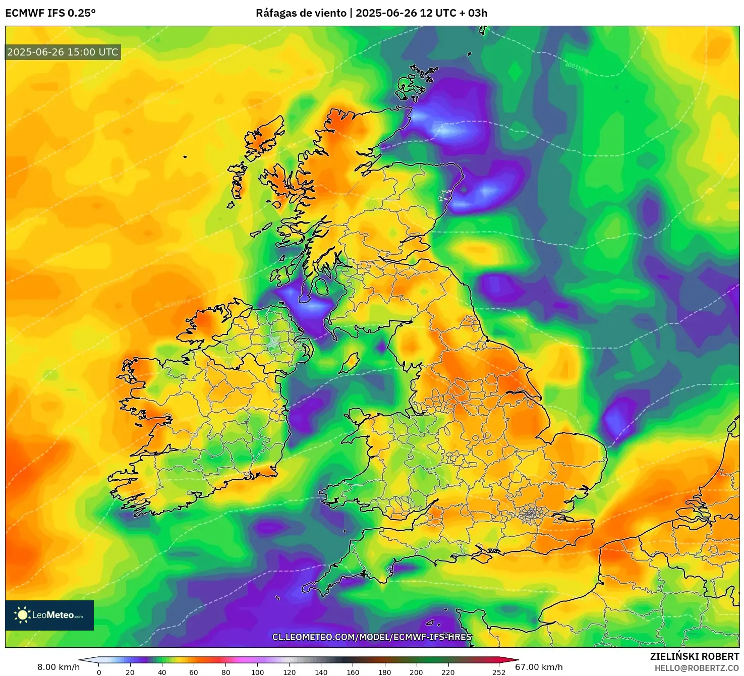 ECMWF IFS 0.25° model - Reino Unido, Ráfagas de viento ECMWF IFS 0.25° model - Reino Unido, Ráfagas de viento