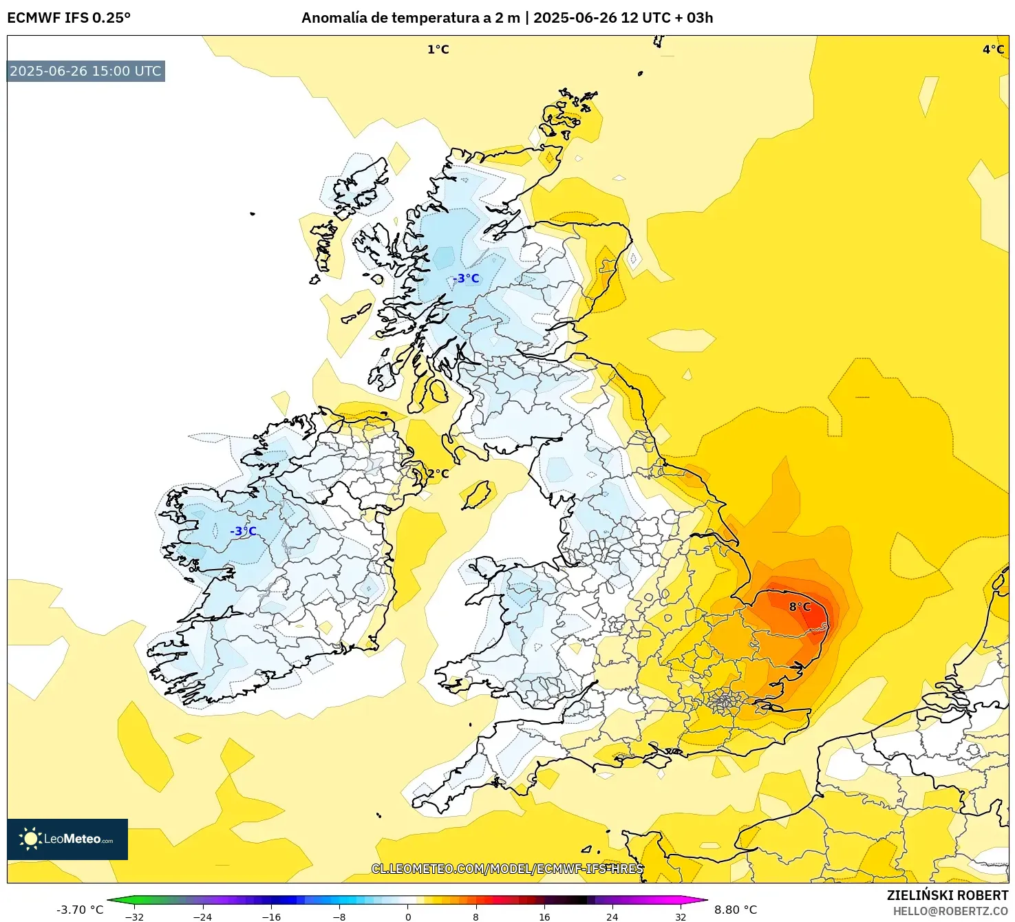 ECMWF IFS 0.25° model - Reino Unido, Anomalía de temperatura a 2 m ECMWF IFS 0.25° model - Reino Unido, Anomalía de temperatura a 2 m