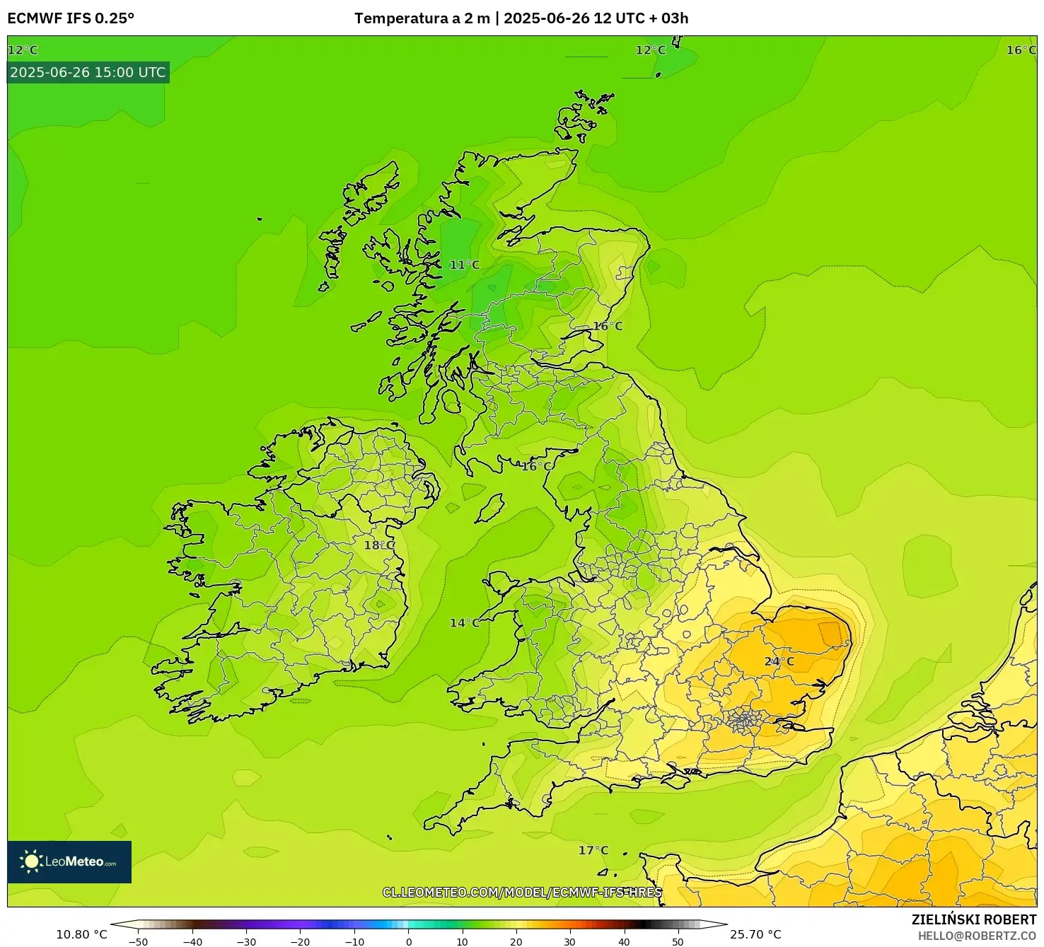 ECMWF IFS 0.25° model - Reino Unido, Temperatura a 2 m
