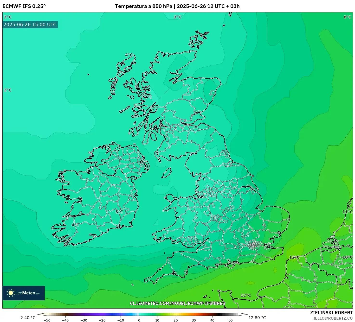 ECMWF IFS 0.25° model - Reino Unido, Temperatura a 850 hPa ECMWF IFS 0.25° model - Reino Unido, Temperatura a 850 hPa