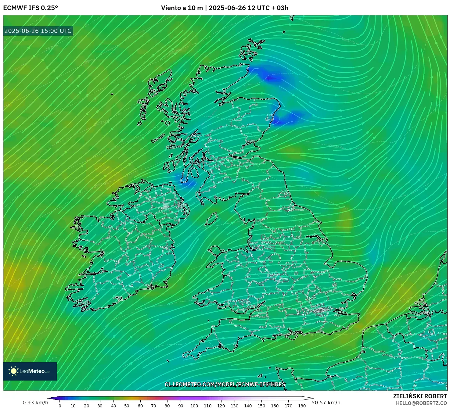 ECMWF IFS 0.25° model - Reino Unido, Viento a 10 m ECMWF IFS 0.25° model - Reino Unido, Viento a 10 m