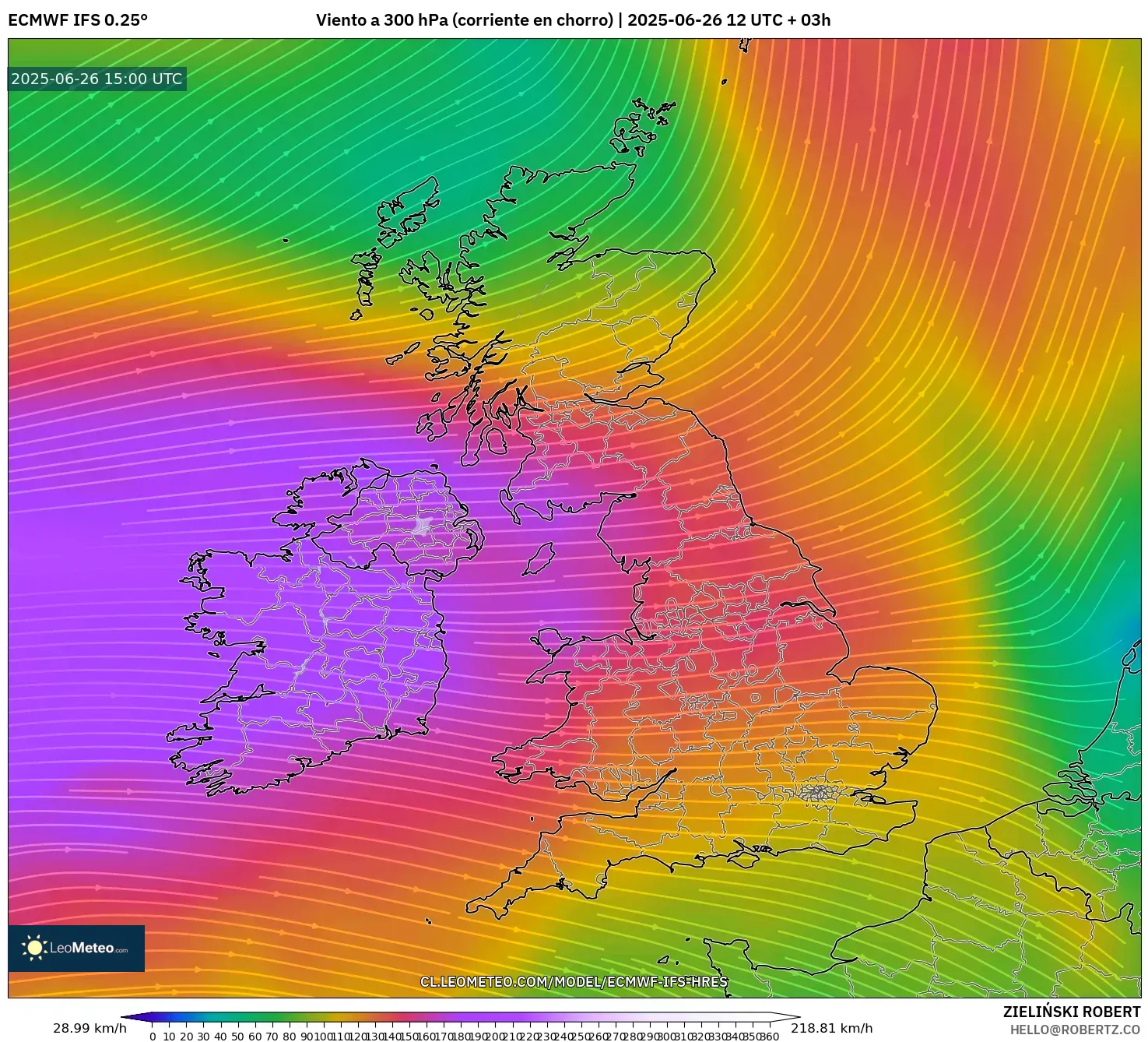 ECMWF IFS 0.25° model - Reino Unido, Viento a 300 hPa (corriente en chorro) ECMWF IFS 0.25° model - Reino Unido, Viento a 300 hPa (corriente en chorro)