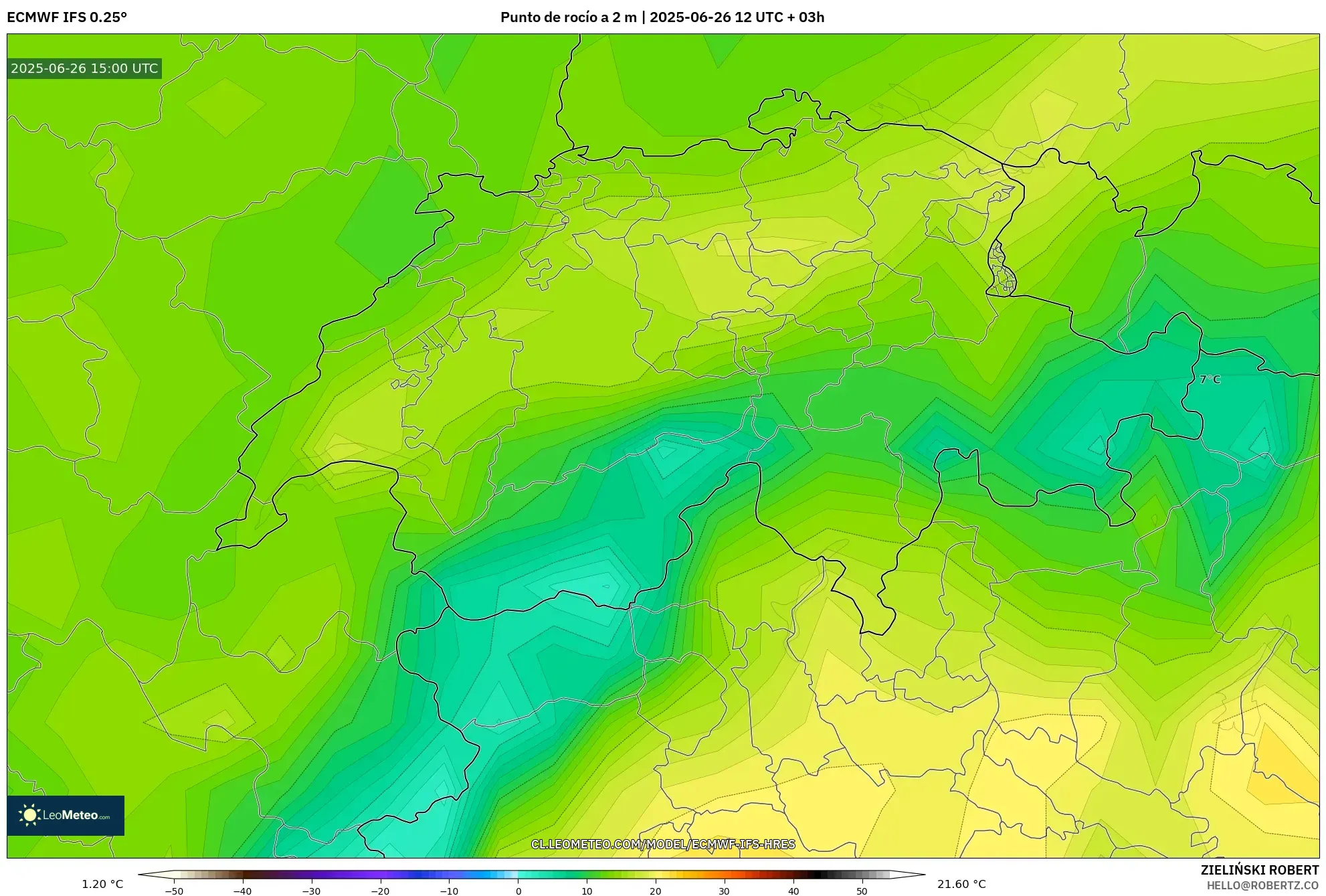ECMWF IFS 0.25° model - Suiza, Punto de rocío a 2 m ECMWF IFS 0.25° model - Suiza, Punto de rocío a 2 m