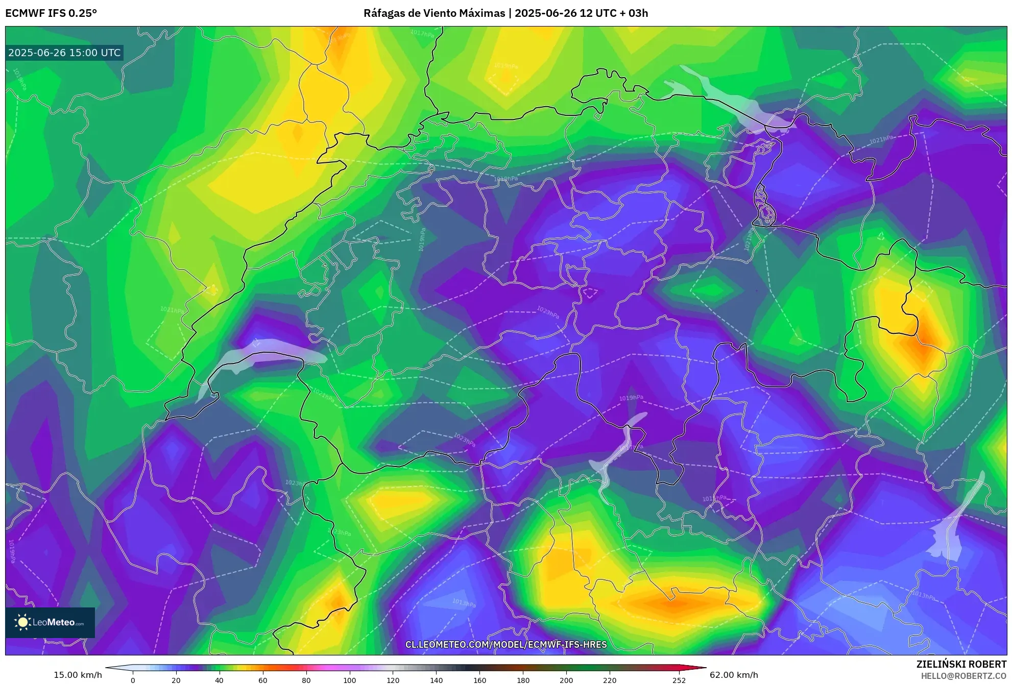 ECMWF IFS 0.25° model - Suiza, Ráfagas de Viento Máximas ECMWF IFS 0.25° model - Suiza, Ráfagas de Viento Máximas