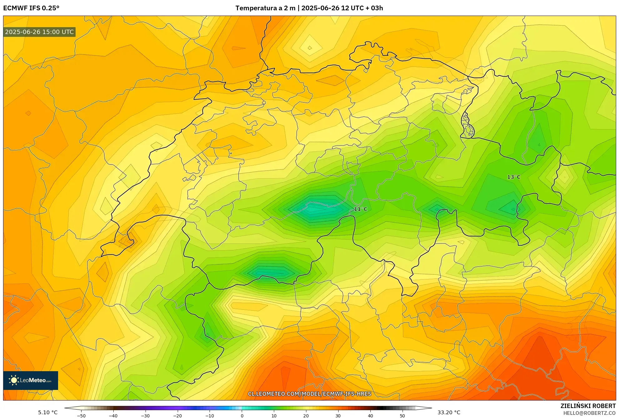 ECMWF IFS 0.25° model - Suiza, Temperatura a 2 m ECMWF IFS 0.25° model - Suiza, Temperatura a 2 m