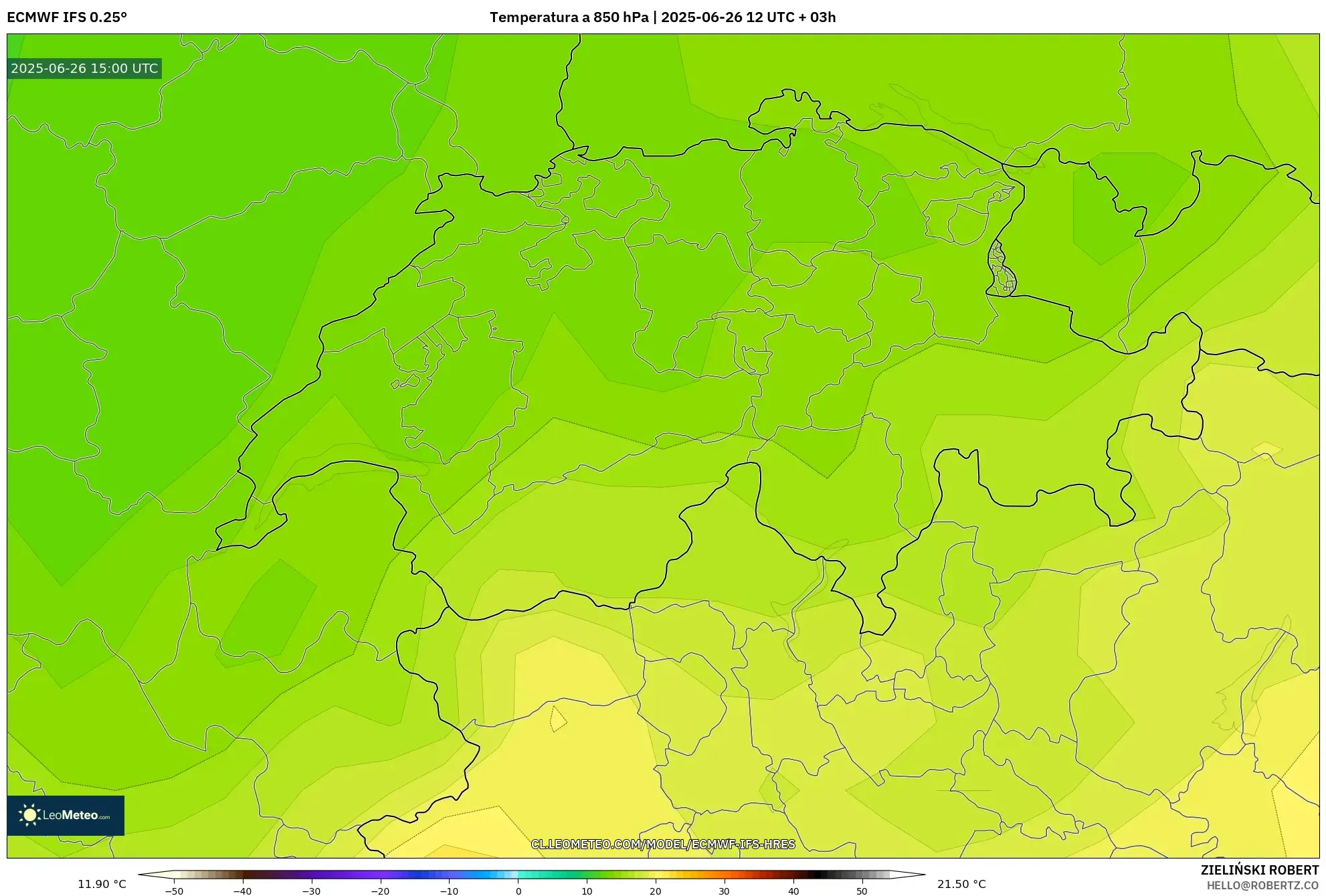 ECMWF IFS 0.25° model - Suiza, Temperatura a 850 hPa ECMWF IFS 0.25° model - Suiza, Temperatura a 850 hPa