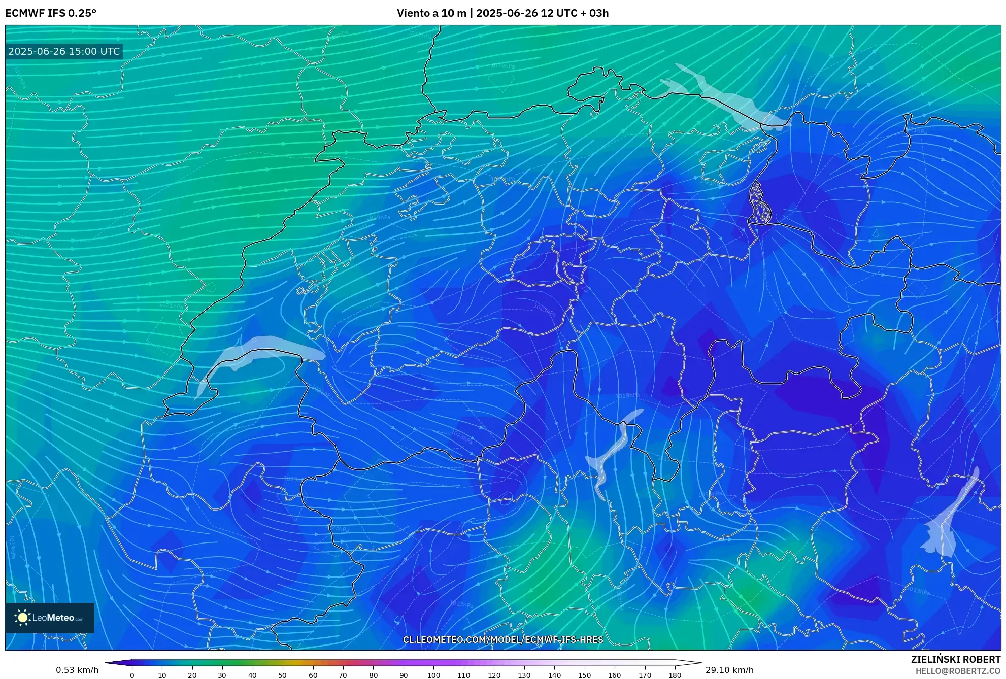 ECMWF IFS 0.25° model - Suiza, Viento a 10 m ECMWF IFS 0.25° model - Suiza, Viento a 10 m