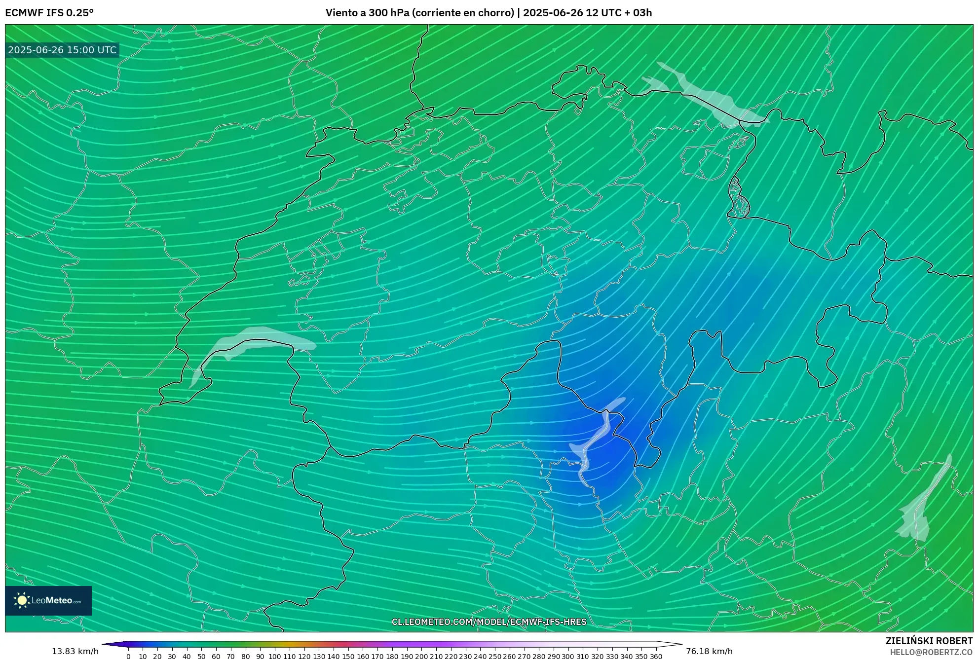 ECMWF IFS 0.25° model - Suiza, Viento a 300 hPa (corriente en chorro) ECMWF IFS 0.25° model - Suiza, Viento a 300 hPa (corriente en chorro)