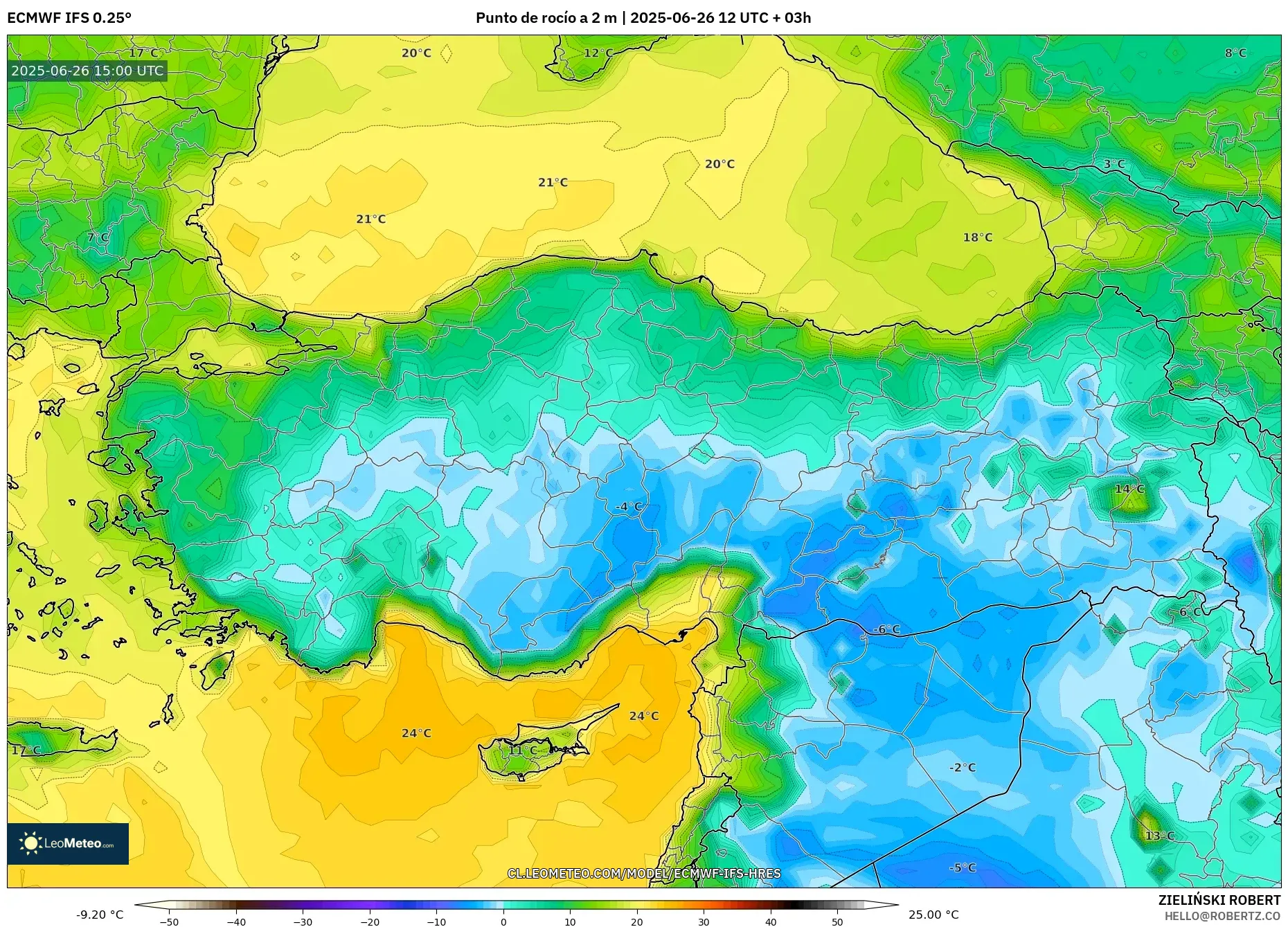 ECMWF IFS 0.25° model - Turquía, Punto de rocío a 2 m ECMWF IFS 0.25° model - Turquía, Punto de rocío a 2 m