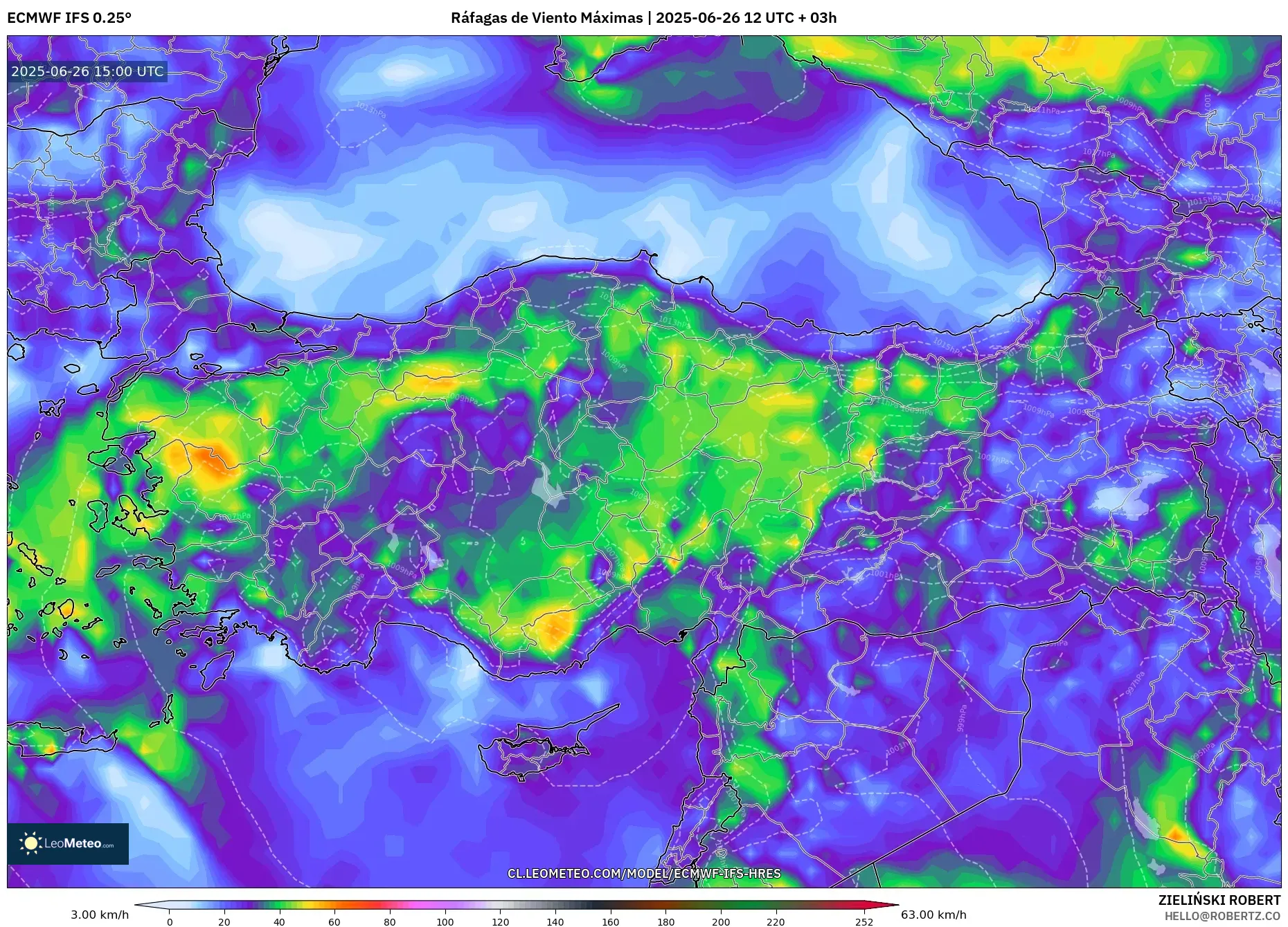 ECMWF IFS 0.25° model - Turquía, Ráfagas de Viento Máximas ECMWF IFS 0.25° model - Turquía, Ráfagas de Viento Máximas