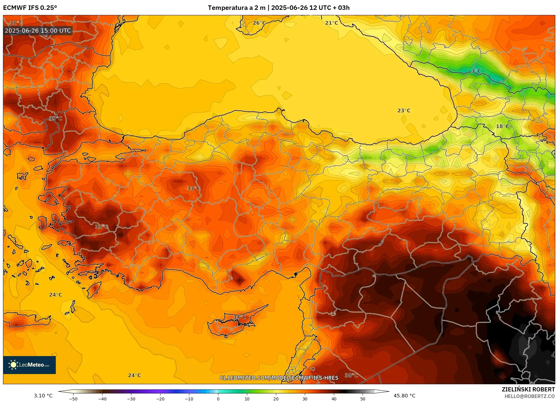 ECMWF IFS 0.25° model - Turquía, Temperatura a 2 m ECMWF IFS 0.25° model - Turquía, Temperatura a 2 m