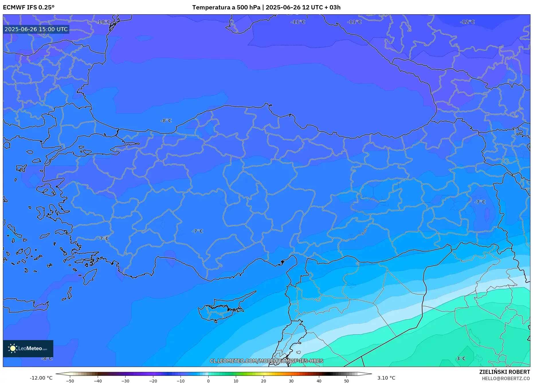 ECMWF IFS 0.25° model - Turquía, Temperatura a 500 hPa ECMWF IFS 0.25° model - Turquía, Temperatura a 500 hPa