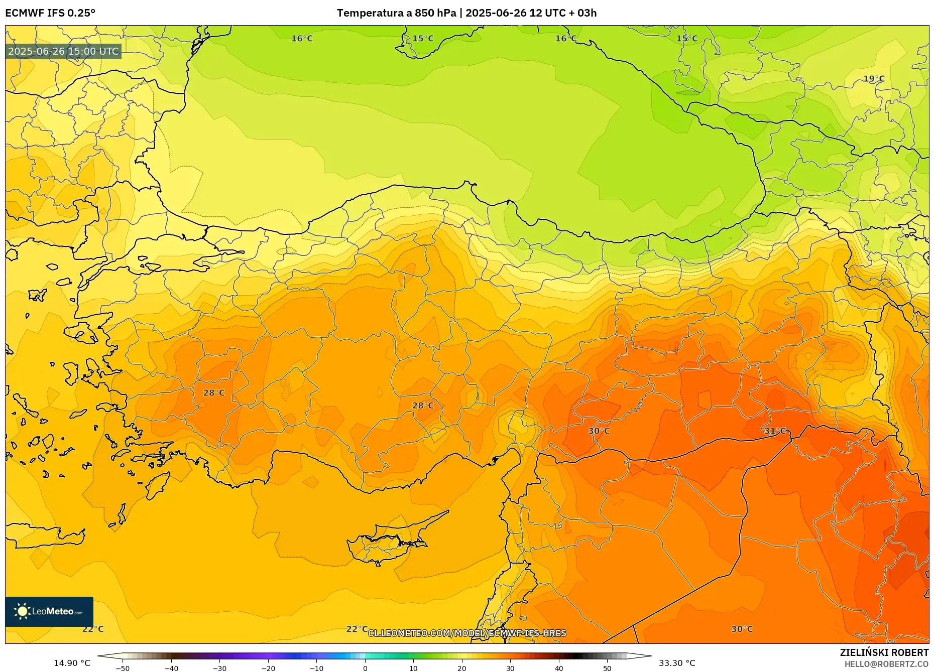 ECMWF IFS 0.25° model - Turquía, Temperatura a 850 hPa ECMWF IFS 0.25° model - Turquía, Temperatura a 850 hPa