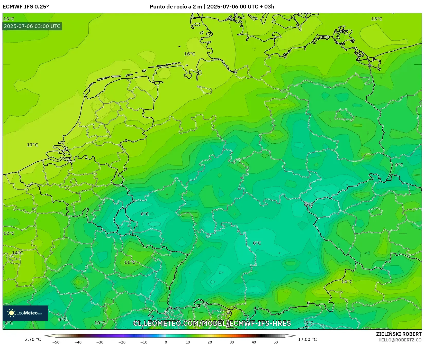 ECMWF IFS 0.25° model - Alemania, Punto de rocío a 2 m ECMWF IFS 0.25° model - Alemania, Punto de rocío a 2 m