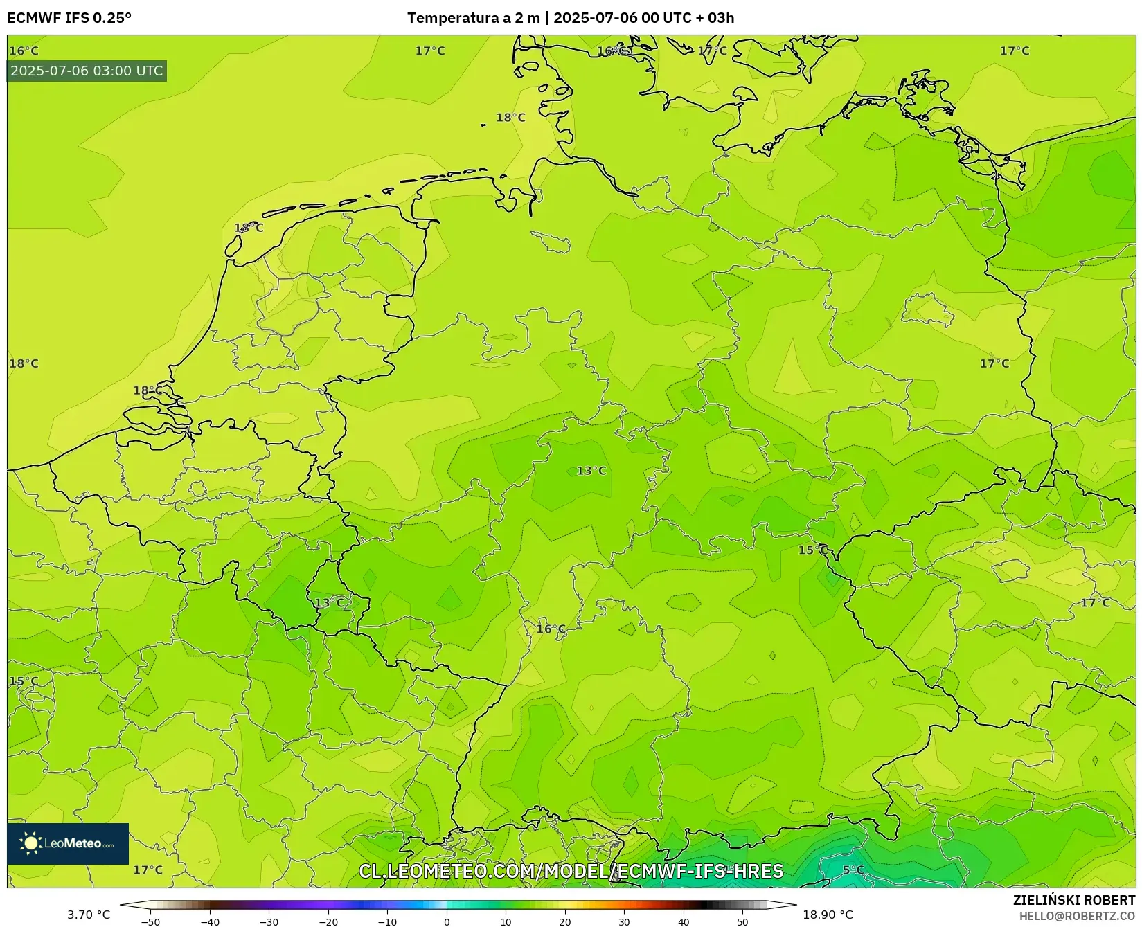 ECMWF IFS 0.25° model - Alemania, Temperatura a 2 m ECMWF IFS 0.25° model - Alemania, Temperatura a 2 m