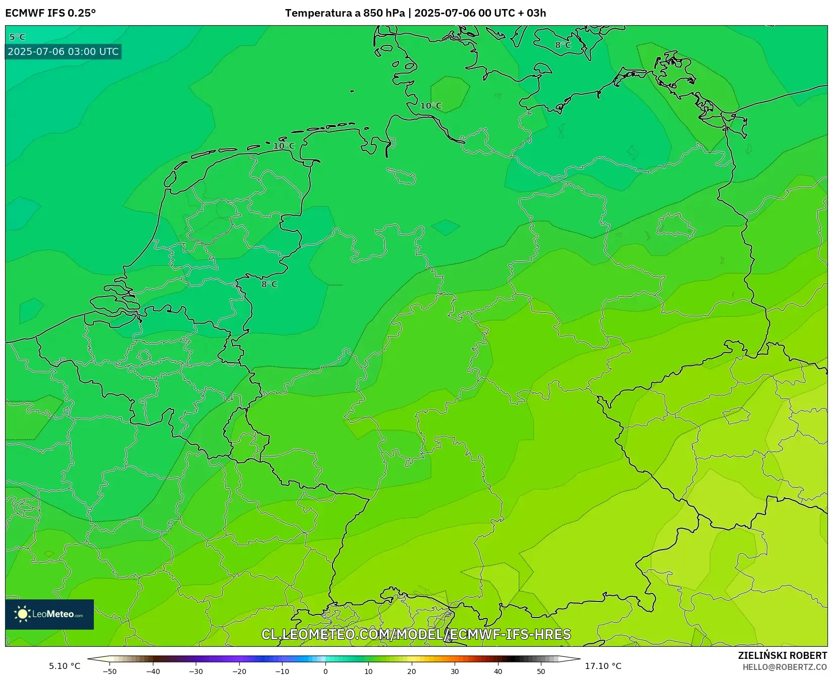 ECMWF IFS 0.25° model - Alemania, Temperatura a 850 hPa ECMWF IFS 0.25° model - Alemania, Temperatura a 850 hPa