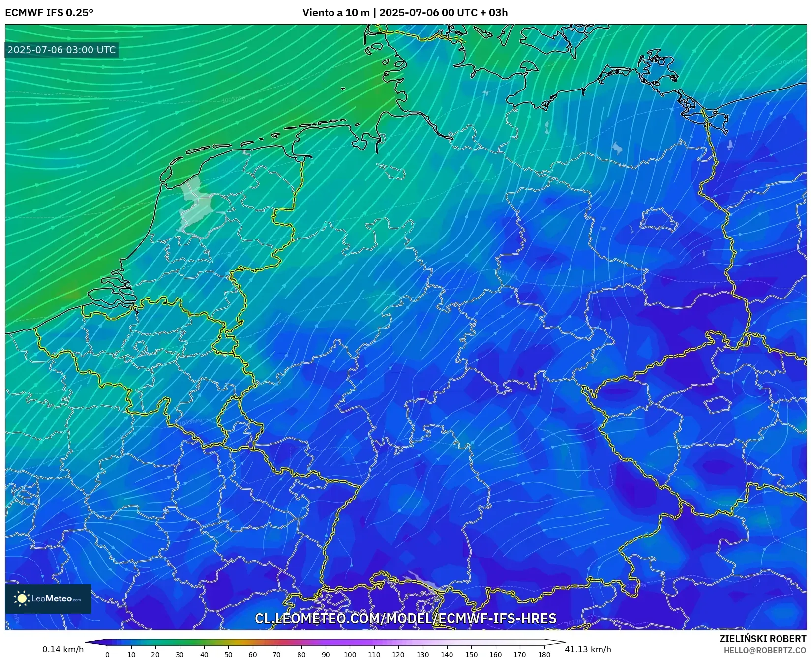 ECMWF IFS 0.25° model - Alemania, Viento a 10 m ECMWF IFS 0.25° model - Alemania, Viento a 10 m