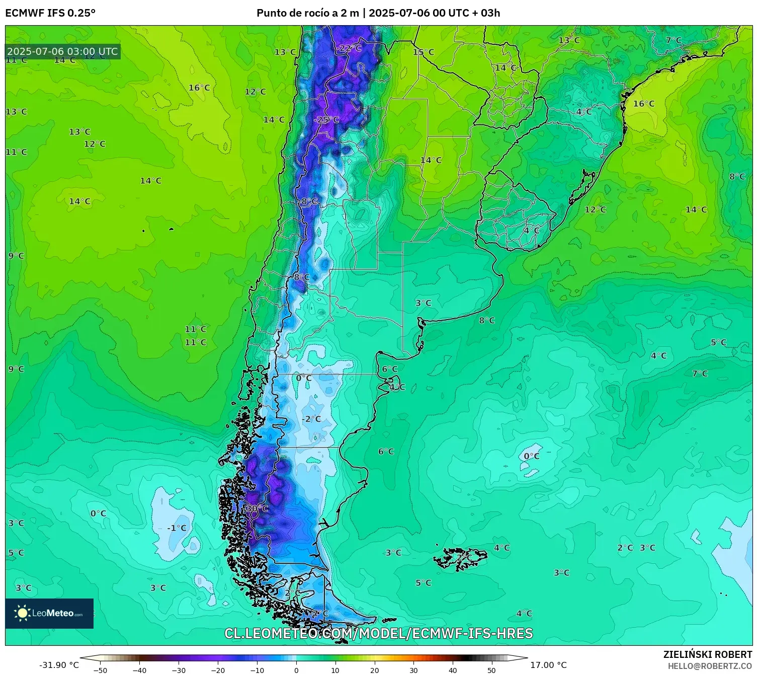ECMWF IFS 0.25° model - Argentina, Punto de rocío a 2 m ECMWF IFS 0.25° model - Argentina, Punto de rocío a 2 m
