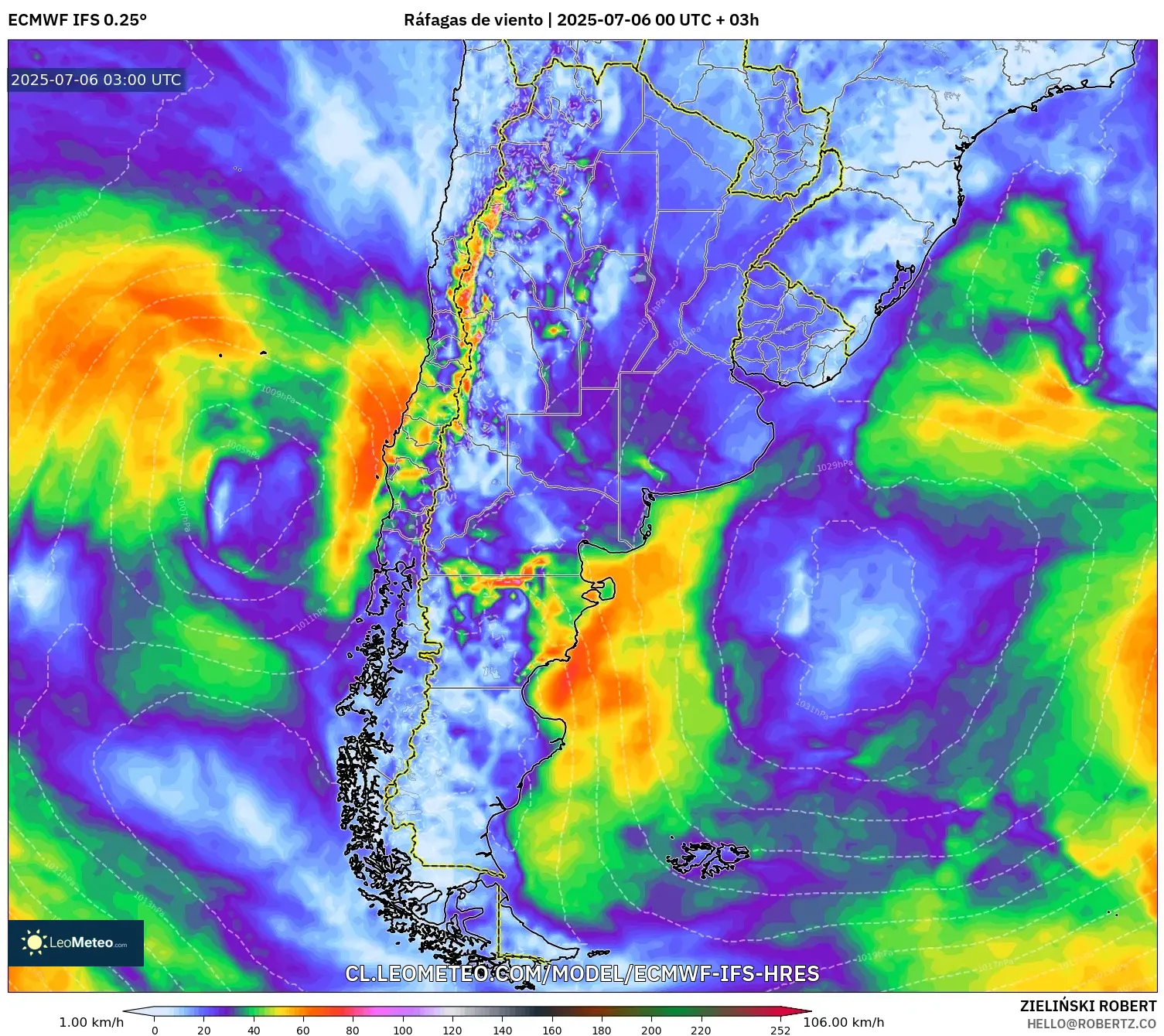 ECMWF IFS 0.25° model - Argentina, Ráfagas de viento ECMWF IFS 0.25° model - Argentina, Ráfagas de viento