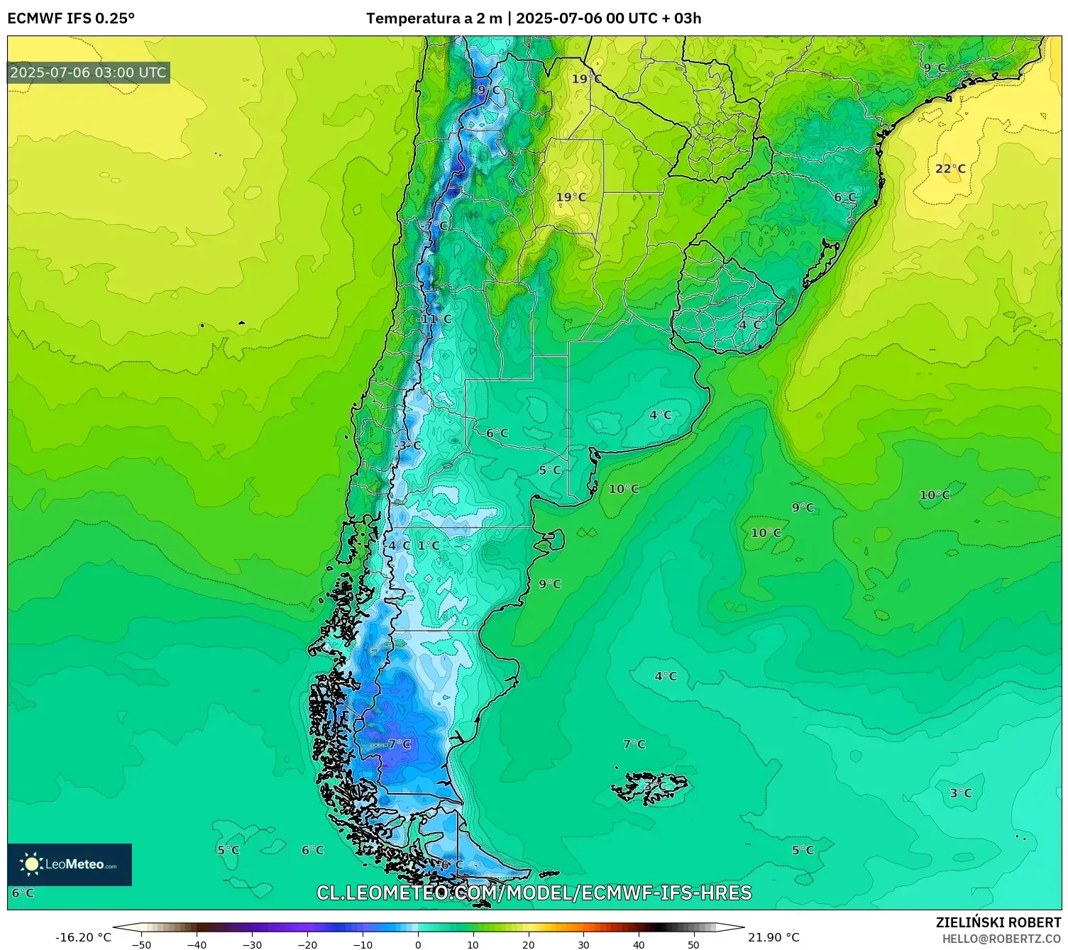 ECMWF IFS 0.25° model - Argentina, Temperatura a 2 m ECMWF IFS 0.25° model - Argentina, Temperatura a 2 m