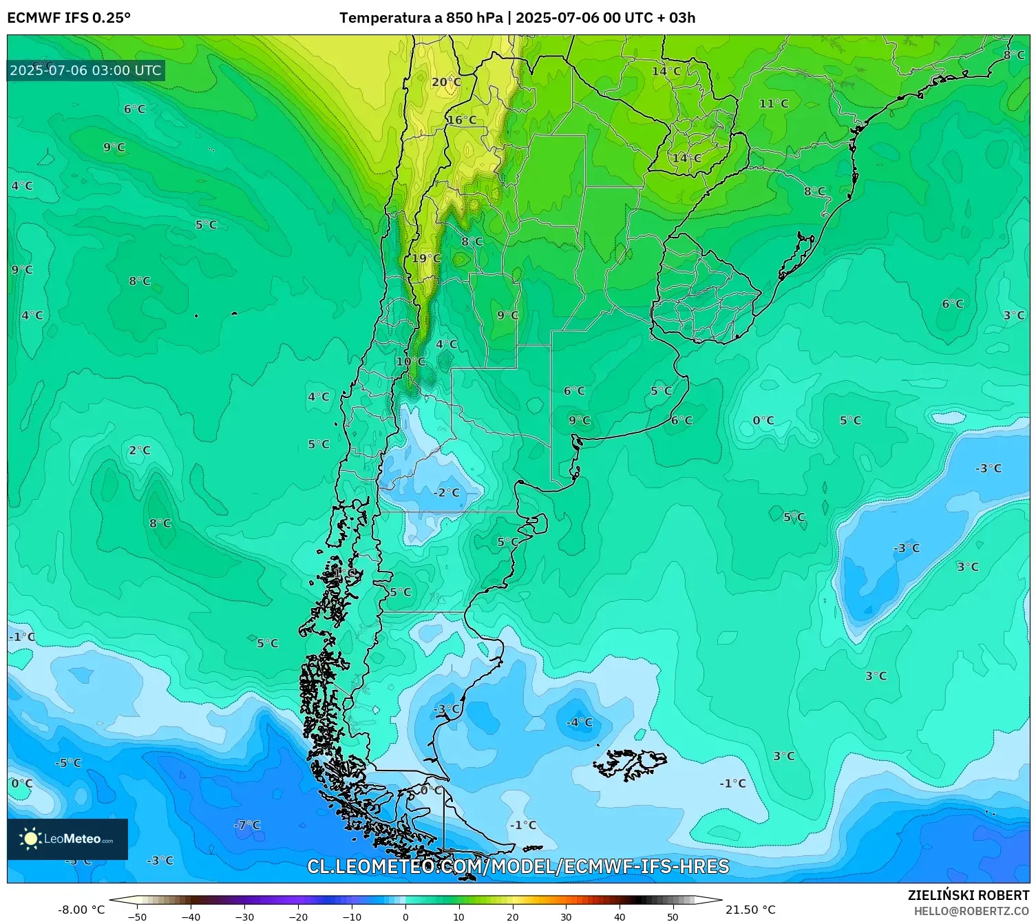 ECMWF IFS 0.25° model - Argentina, Temperatura a 850 hPa ECMWF IFS 0.25° model - Argentina, Temperatura a 850 hPa
