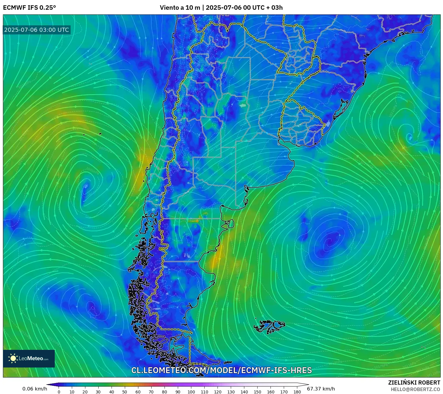ECMWF IFS 0.25° model - Argentina, Viento a 10 m ECMWF IFS 0.25° model - Argentina, Viento a 10 m