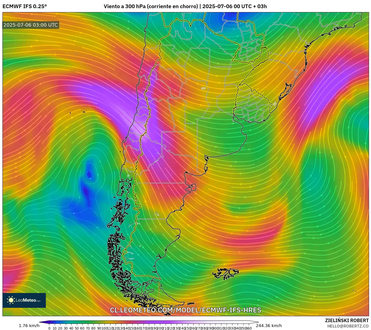 ECMWF IFS 0.25° model - Argentina, Viento a 300 hPa (corriente en chorro) ECMWF IFS 0.25° model - Argentina, Viento a 300 hPa (corriente en chorro)