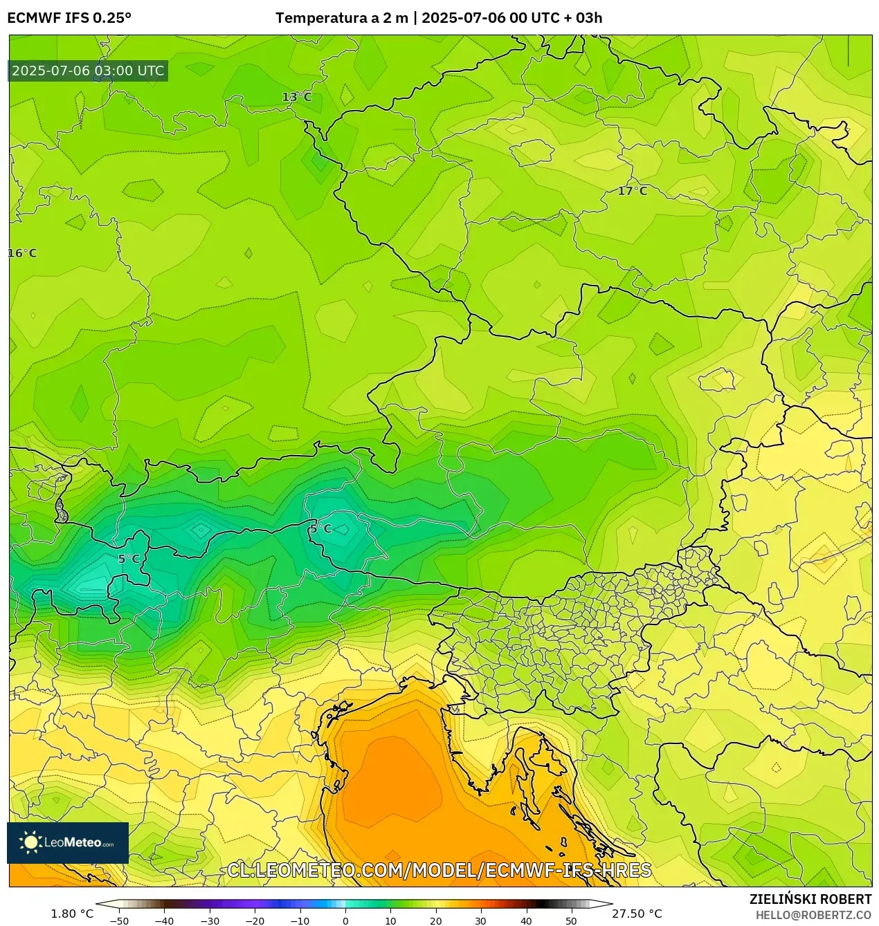 ECMWF IFS 0.25° model - Austria, Temperatura a 2 m ECMWF IFS 0.25° model - Austria, Temperatura a 2 m