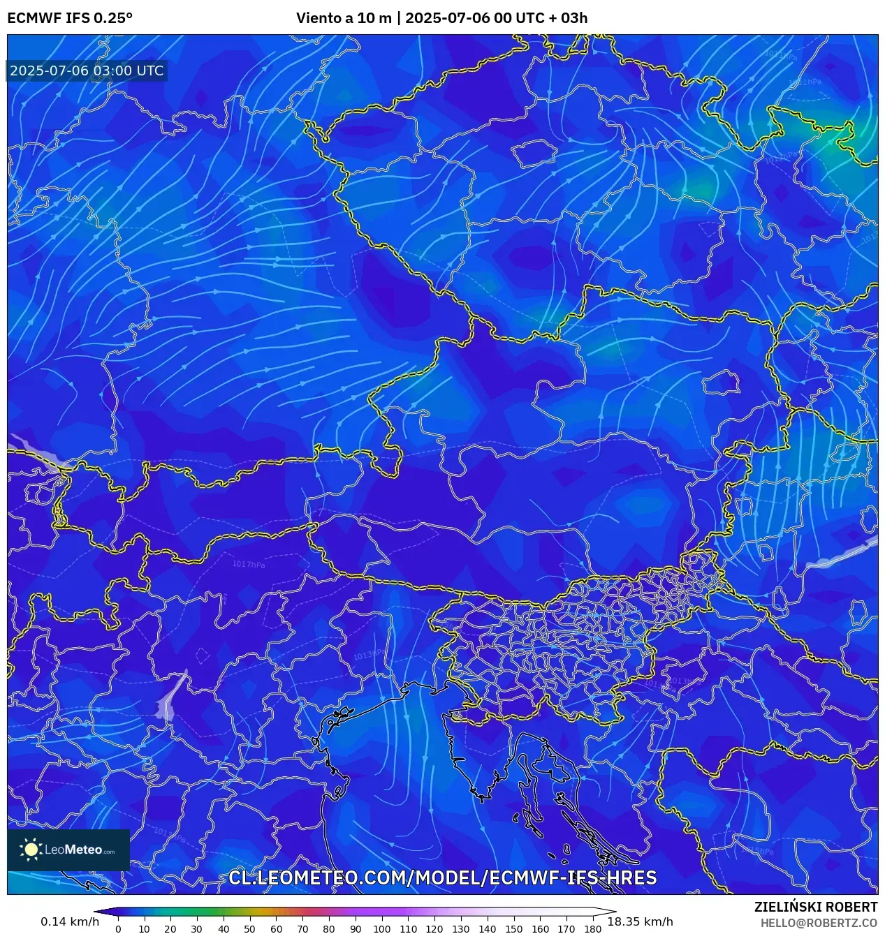 ECMWF IFS 0.25° model - Austria, Viento a 10 m ECMWF IFS 0.25° model - Austria, Viento a 10 m